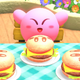 A cute, rotund, pink creature smiles happily at burgers with buns that look like his face.